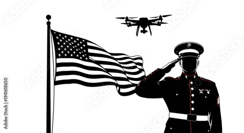 US Marine Salutes American Flag with Drone Overhead