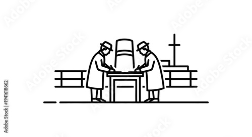 Two people in coats and hats signing documents at a table on a ship deck