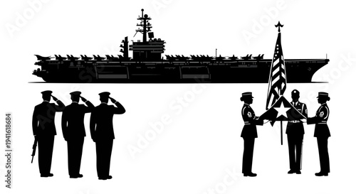 US Navy Aircraft Carrier and Military Personnel Honoring Flag