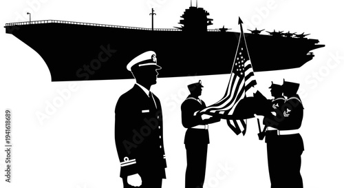 US Navy Honor Guard Ceremony with Aircraft Carrier Silhouette