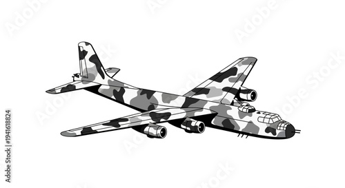 Vintage Bomber Aircraft with Camouflage Pattern, Retro Military Plane Illustration