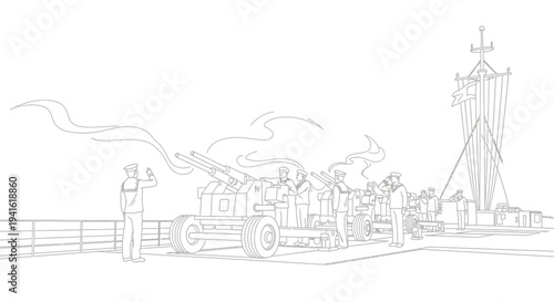 Vintage naval ship deck with anti-aircraft gun crew and sailor saluting