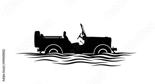 Vintage Jeep Driving Through Water Silhouette