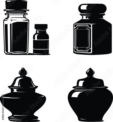 Minimal abstract vector illustration of vintage apothecary jar and bottle icons ornate containers screw top elegant outline design symbolizing antique medicine