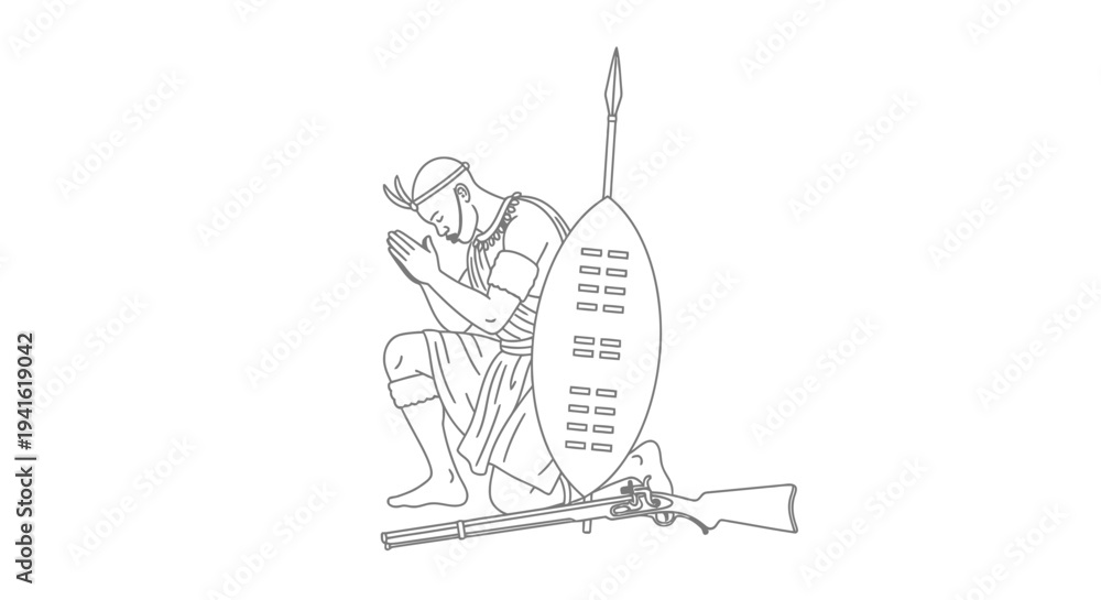 Fototapeta premium Zulu Warrior Praying with Shield and Rifle, Historical African Culture