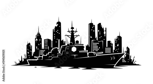 Warship Silhouette Against Ruined City Skyline