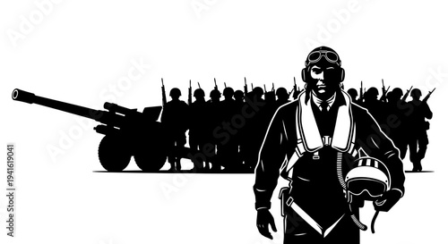 World War II Pilot and Soldiers Silhouette with Artillery Gun