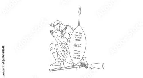 Zulu Warrior Praying with Shield and Rifle, Historical African Culture