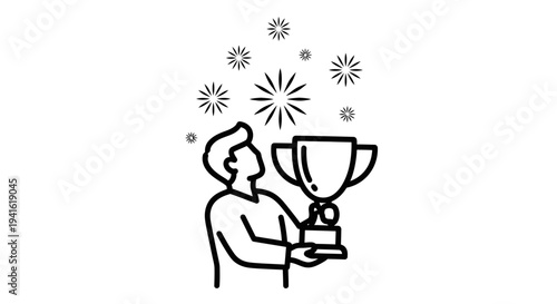 Winner holding trophy with confetti, celebrating success and achievement