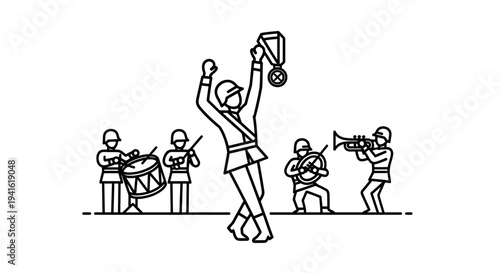 Winner holding trophy, marching band playing music, celebration, victory, award, achievement, success