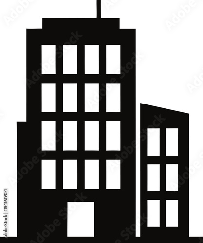 Black silhouette of two buildings, tallest building in front with smaller building behind it, skyscraper office building