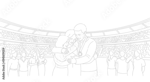 Winners hug in stadium, celebrating victory with cheering crowd and medal