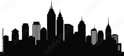 Black city skyline silhouette with various skyscrapers and urban buildings on transparent background