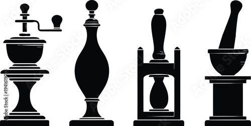 Minimal abstract vector illustration of spice and herb grinder icons coffee grinder pepper mill nutmeg grater mortar pestle elegant outline design