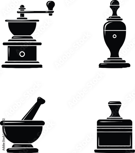 Minimal abstract vector illustration of vintage kitchen apothecary icons coffee grinder pepper mill mortar pestle butter churn elegant outline design