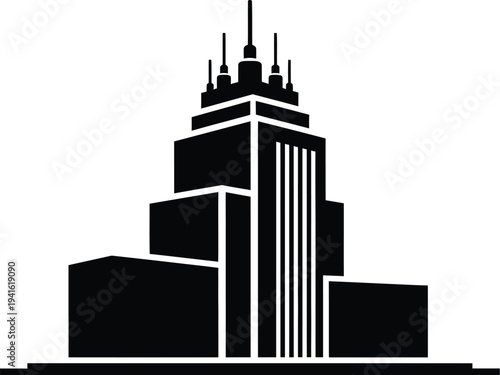 Abstract skyscraper silhouette with multiple antennae and tiered architectural structure in black