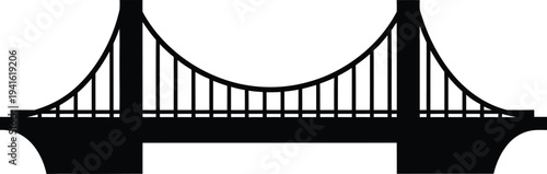 Classic suspension bridge with solid towers on transparent background, silhouette vector illustration
