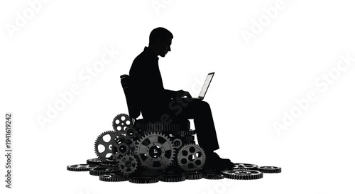 Man working on laptop powered by gears