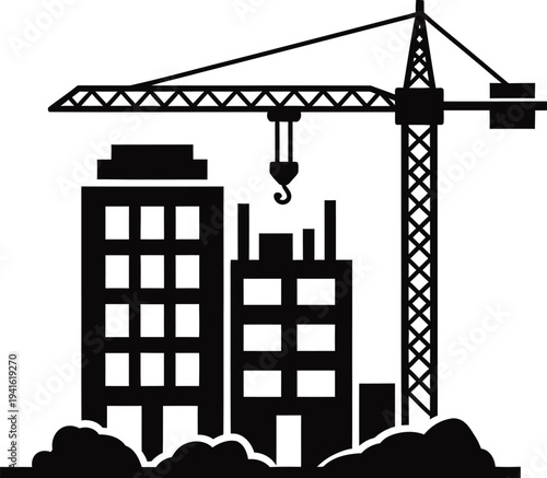 Industrial construction site silhouette featuring crane and high rise building under development