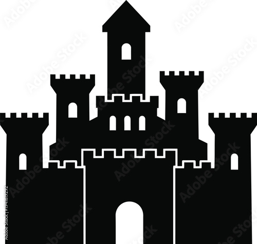 Medieval castle silhouette with multiple towers and battlements, iconic ancient fortress outline