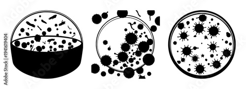 Petri dish set with solid black silhouette and clean circular outlines featuring bacteria, microbiology, illustration with black and white and white background