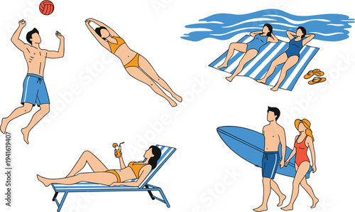 Flat vector illustration of young people enjoying summer beach activities including volleyball, surfing, sunbathing on chairs, and relaxing by the ocean