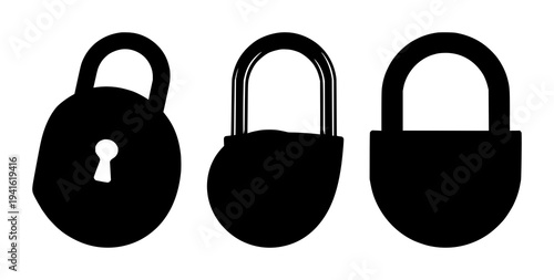Padlock set with solid black silhouette of heavy-duty industrial padlock in an open position featuring security, access, industrial with black and white