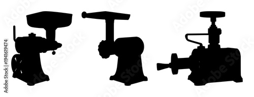 Meat grinder set with solid black silhouette of an industrial meat grinder featuring manual tool, vintage, solid fill with white background and black art
