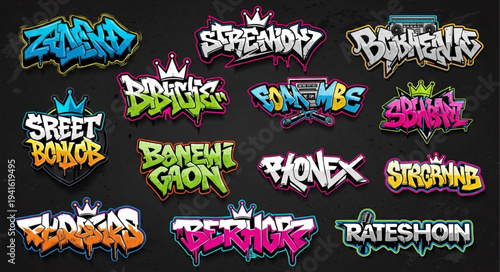 Collection of Graffiti Art Designs with Bold Lettering and Vibrant Colors.