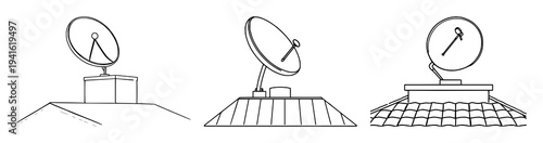 Satellite dish set with modern flat art of a single dish on a roof featuring telecommunications theme, clean lines, white background with minimalism and vector illustration