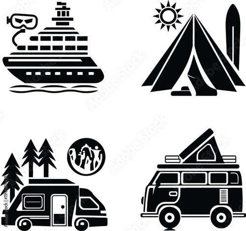 Minimal abstract vector illustration of vacation activity icons cruise ship tent camper van road trip elegant outline design symbolizing travel adventure