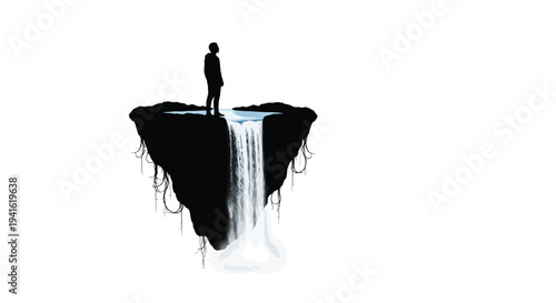 Man on floating island waterfall surreal concept