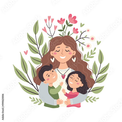 A mother hugging her children. Postcard for Mother's Day, motherhood and childcare.