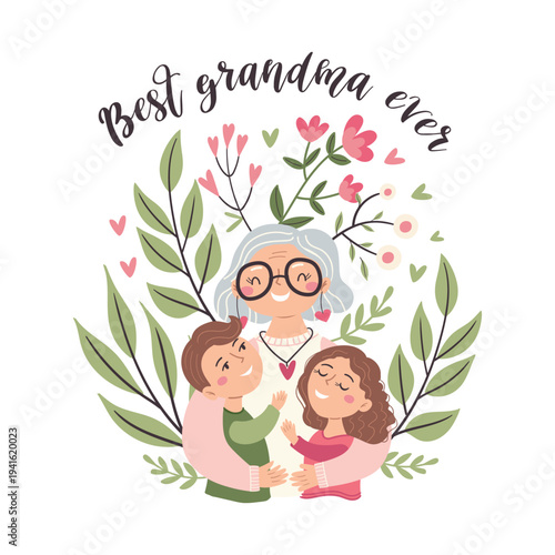 Happy Grandma hugs her grandchildren. A Grandmother's Day card celebrating motherhood and childcare.
