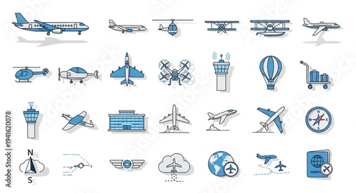 Collection of Aviation and Air Travel Related Icons and Symbols.