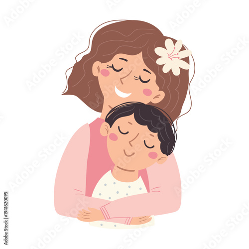 A happy mother hugs her son. Illustration for Mother's Day, motherhood and childcare.