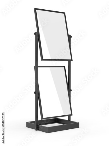 Modern double-sided floor standing advertising display with blank poster frames for branding and promotional content. Minimal metal sign holder mockup isolated on light background.