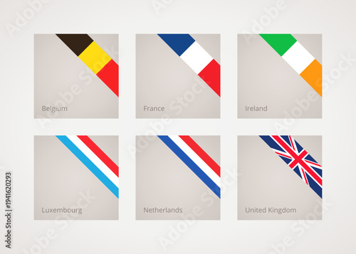Corner slanted ribbon flags of Belgium, France, Ireland, Luxembourg, Netherlands and United Kingdom