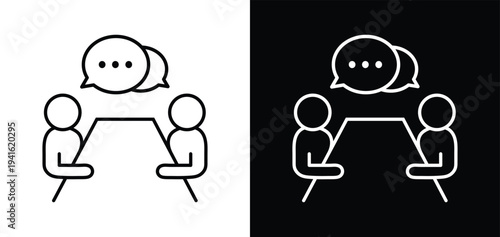 "Business Meeting Icons Set - Two People at Table with Speech Bubbles for Client Discussion, Consulting, Collaboration, and Appointment Scheduling Vector Graphics"