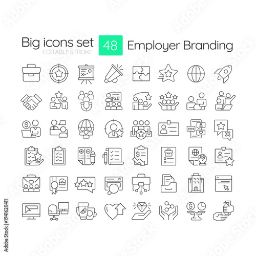 Employer branding line icons set. Recruitment for business growth. HR reputation. Talents engagement. Isolated vector outline illustrations. Thin lineart iconset symbols. Editable stroke