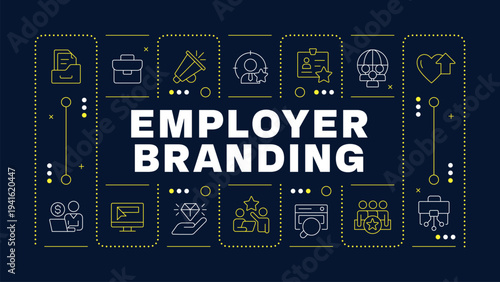 Employer branding black word concept. Recruitment for business growth. HR reputation. Horizontal vector image. Headline text surrounded by editable outline icons. Hubot Sans font used