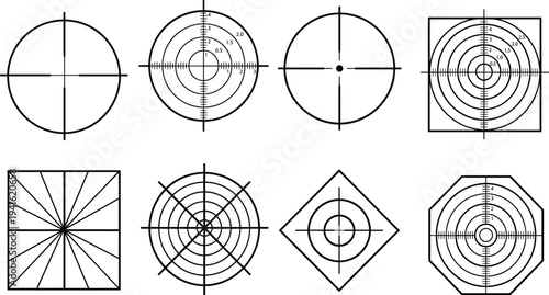 Crosshair target reticle set with concentric circles, geometric aiming scope symbols and measurement marks, tactical sight vector icons isolated