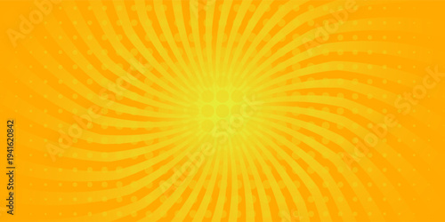 Bright yellow twisted comic sunburst background with halftone dot pattern, retro radial rays swirl effect for pop art posters, banners, advertisements, and graphic templates