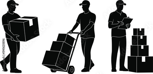 Delivery worker silhouettes carrying boxes, pushing hand truck and checking shipment list, logistics courier service vector set isolated for shipping business
