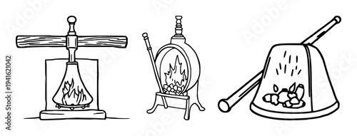 Bellows set with minimalist line art featuring vintage design, hearth decor, fireplace accessories with simple strokes and fluid drawing