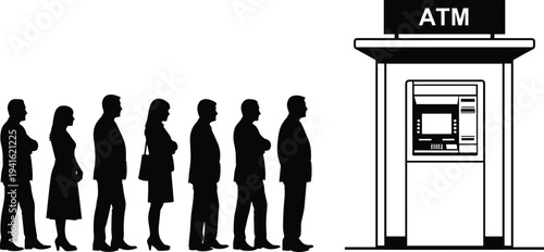 People standing in queue at ATM machine, banking service concept vector illustration for cash withdrawal and financial transaction