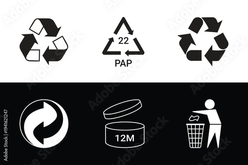 Recycling and Packaging Icon Set: Mobius Loop Universal Symbol and PAP 22 Paperboard Recycling Code for Eco-Friendly Waste Management.