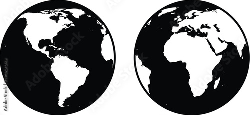 World globe hemispheres map showing Americas, Europe, Africa and Asia continents silhouette vector illustration for geography and global concepts