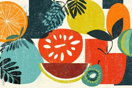 Stylized fruit shapes and tropical leaves in an abstract linocut composition, vibrant summer vibe