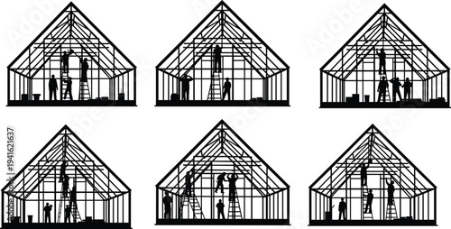 House construction process silhouette set, workers assembling wooden frame structure, carpentry teamwork scene, home building stages, architectural framework illustration isolated on white background